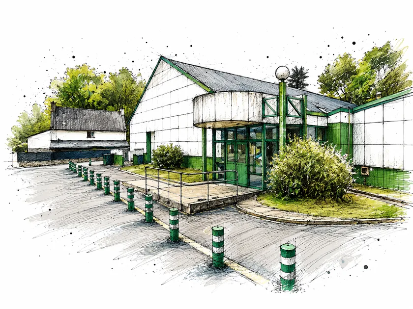 Vue extérieure du dojo, Salle Saint-Mathurin à Ploemeur, illustration encre et aquarelle