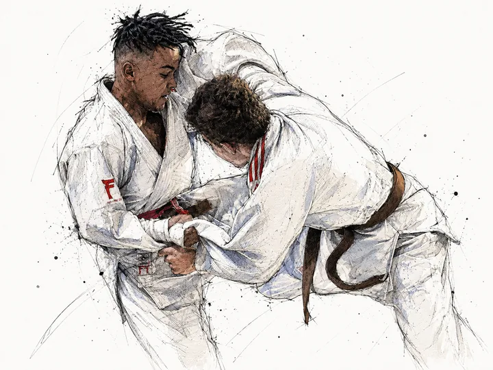 Deux judokas en kumi-kata, illustration encre et aquarelle