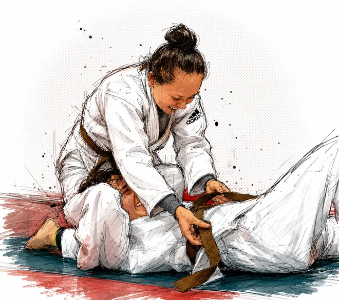 Travail au sol (ne-waza) sur tatami rouge et vert, illustration