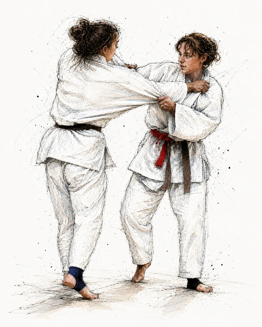 Deux judokas en kumi-kata, illustration encre et aquarelle